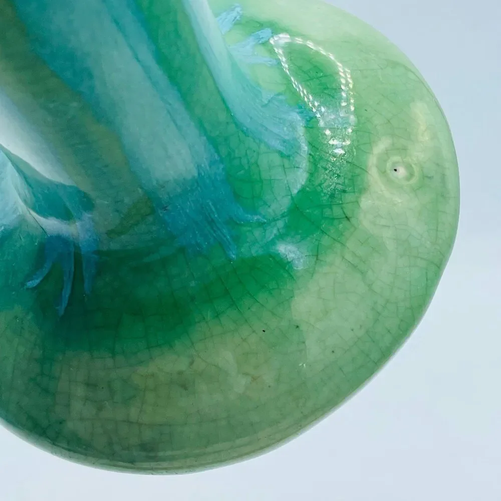 Vintage Blue Green Teal Drip Glazed Flare Top Vase 7” Marked X on Bottom